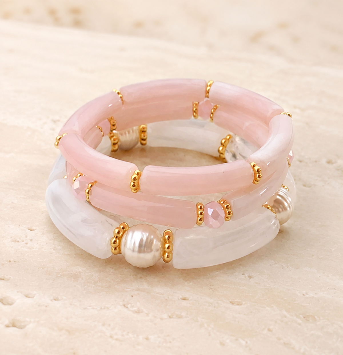 Marbelune Marbled Bangle Set – White and pink